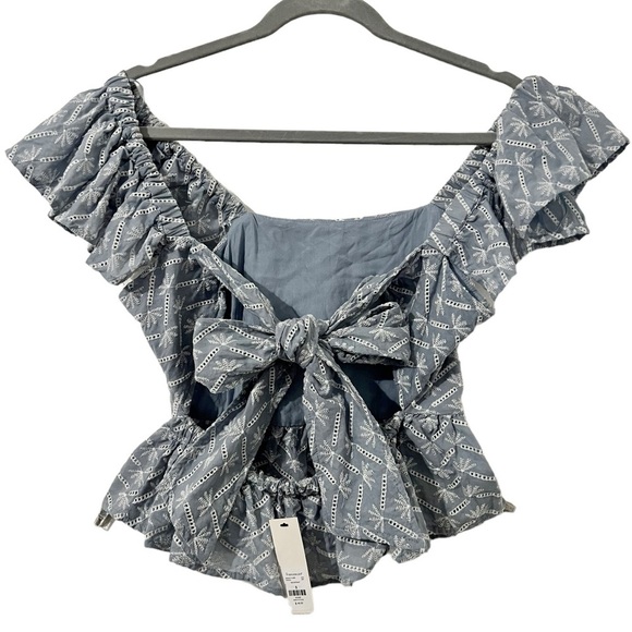 Francesca’s Crop Top. Blue with White Embroidery Flutter Sleeve Back Bow… - Picture 2 of 10